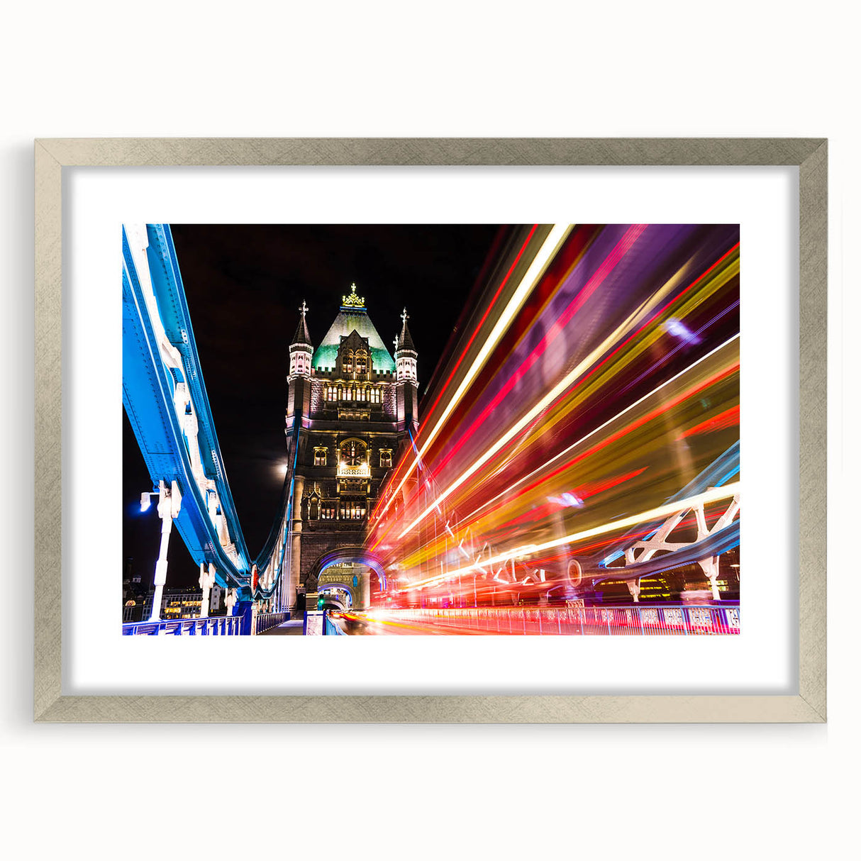 Extra large abstract art print of London scenery in silver frame, ideal for living room wall decor.