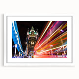 Textured art of an abstract London skyline in muted gray and blue tones, framed with a white mat, ideal for bedroom decor.