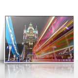 Mid-century modernist art of the London skyline in muted gray and blue tones, framed acrylic, ideal for nursery wall art.