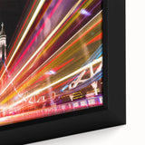 Extra large framed canvas featuring a textured depiction of the London skyline in black with colorful highlights.