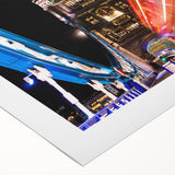 Art deco poster of London skyline in muted grays and blues on rolled canvas, suitable for dining room wall art.