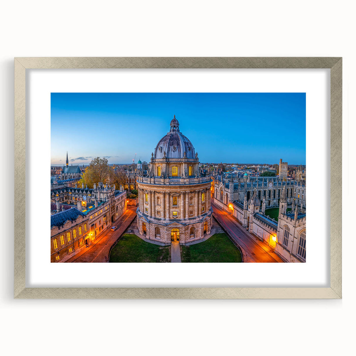 Extra large abstract art print of Oxford scenery in textured silver frame, ideal for living room decor.