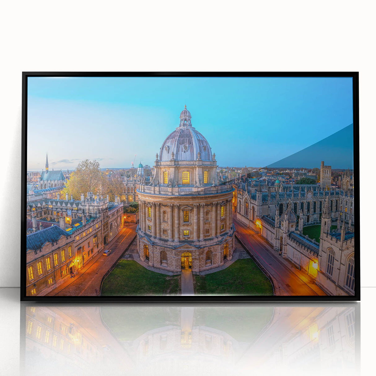 Large abstract wall art of Oxford scenery in muted earth tones on a framed acrylic, suitable for modern living room decor.