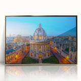 Art deco poster of Oxford scenery in gold acrylic frame, featuring muted earth tones, ideal for modern art wall decor.