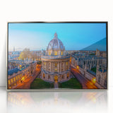 Mid-century modernist acrylic print of Oxford scenery in muted earth tones, ideal for modern art wall decor.