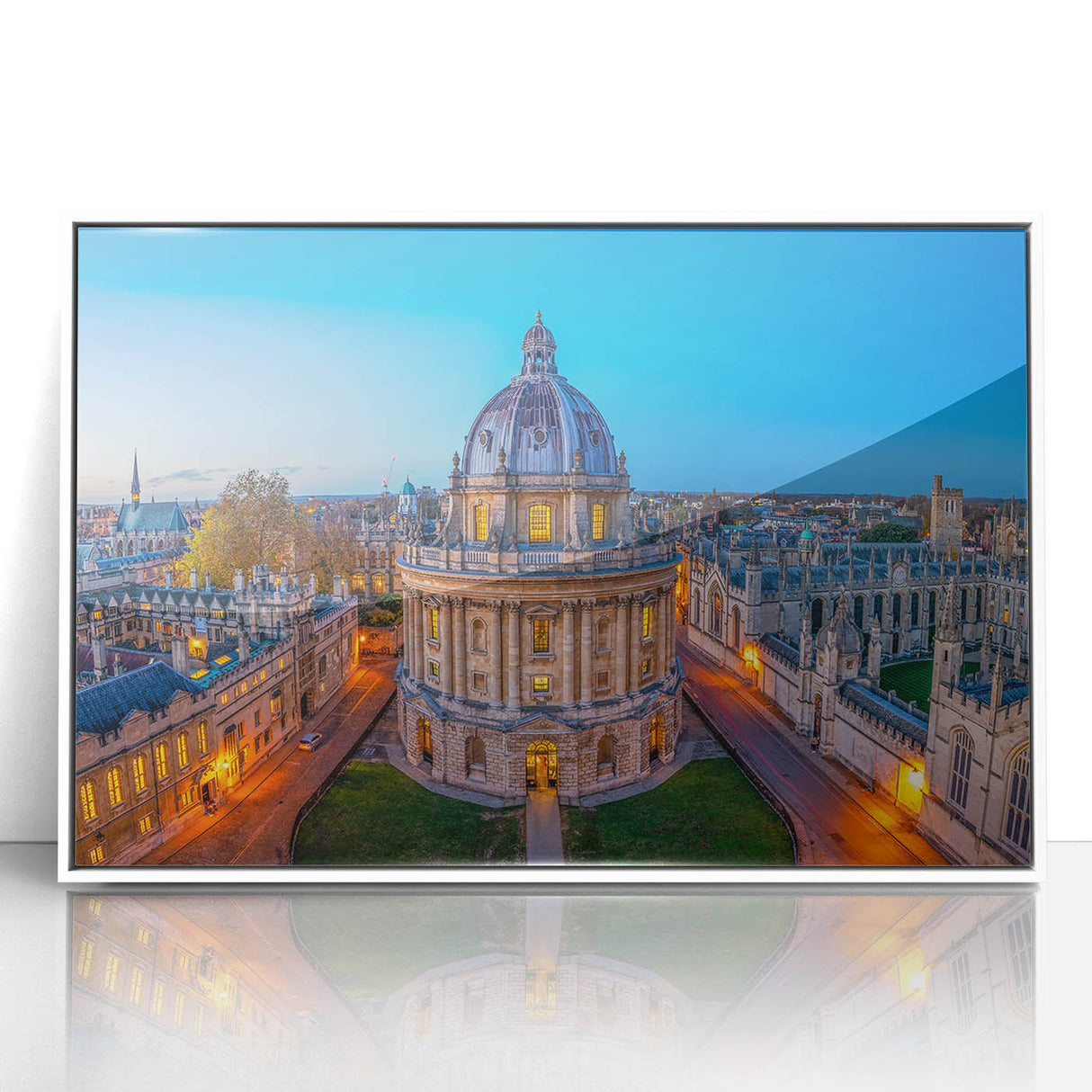 Mid-century modernist art of Oxford scenery in muted earth tones on a framed acrylic, ideal for nursery wall decor.