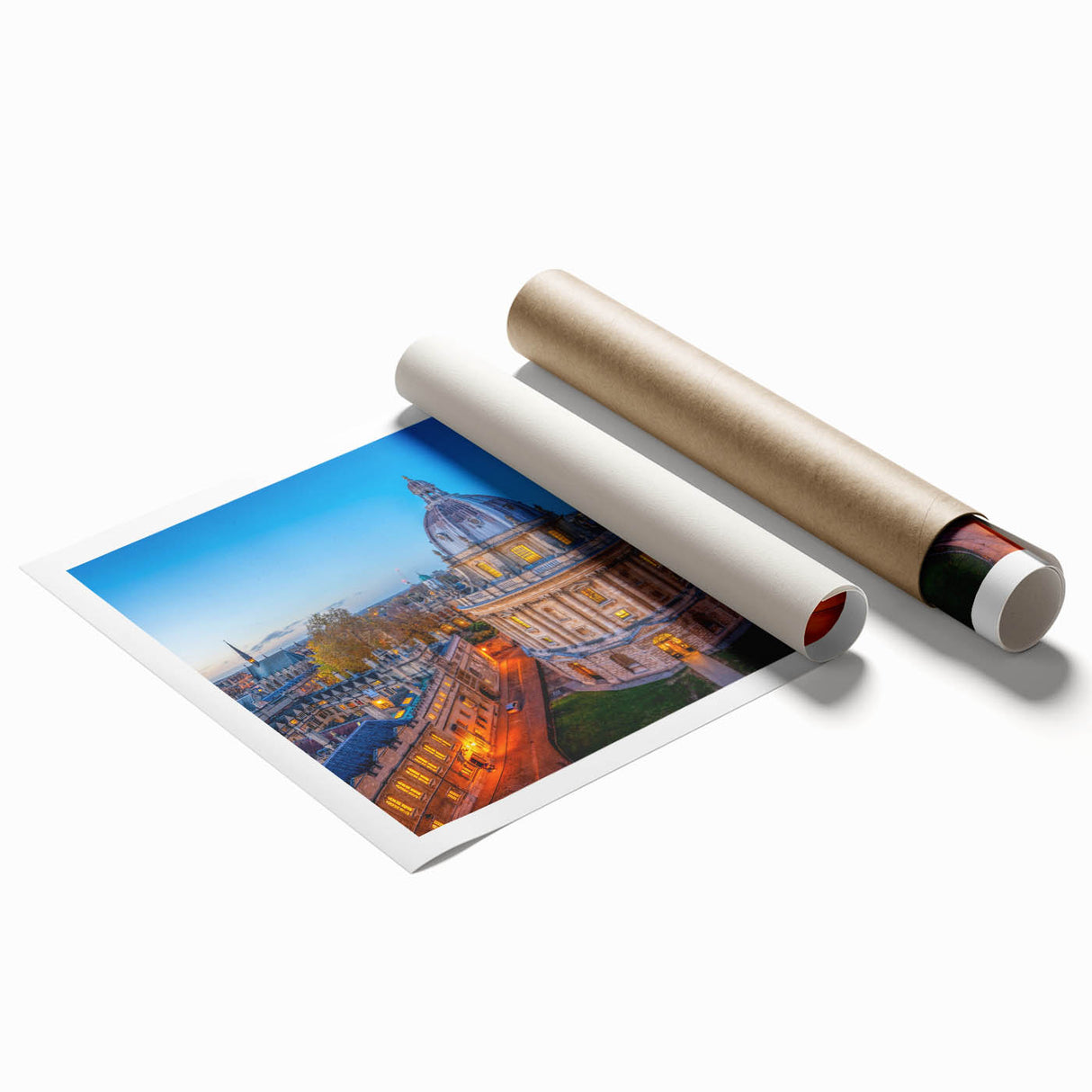 Extra large rolled print of Oxford scenery with soft floral elements in muted tones, suitable for classy bathroom wall art.
