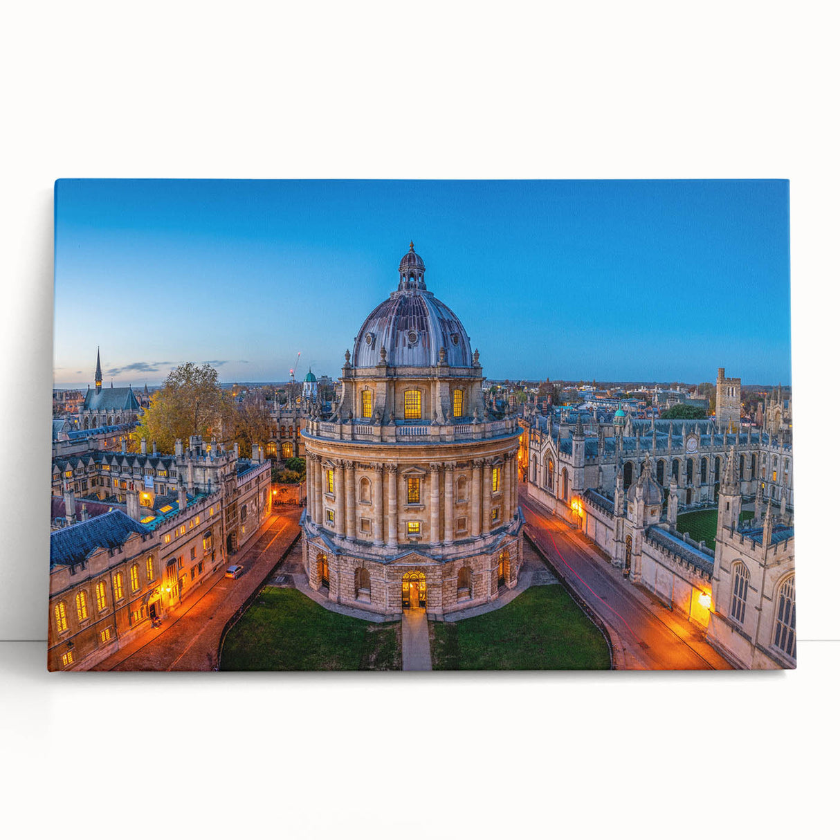 Black and white photo of Oxford on stretched canvas, ideal for kitchen wall art.