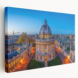 Side view of a stretched canvas depicting the Oxford, England skyline in muted earth tones, ideal for kitchen wall art.