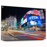 Large abstract depiction of Piccadilly, England in muted colors on acrylic glass, suitable for bedroom or dining room decor.