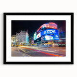 Extra large abstract art print of a colorful, textured Piccadilly scenery on a framed black mat, ideal for living room decor.