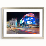 Extra large abstract art print of Piccadilly, England, in muted colors on a framed silver mat, ideal for living room decor.