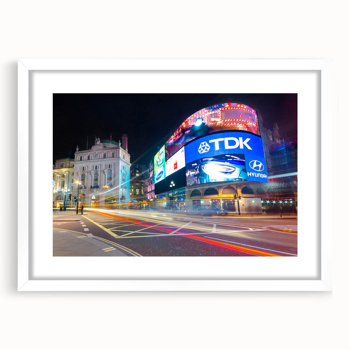 Textured abstract art print of Piccadilly, England in muted earth tones on a framed white mat, suitable for bedroom decor.