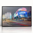 Large abstract wall art depicting Piccadilly Circus in muted tones on a framed acrylic, ideal for modern living room decor.