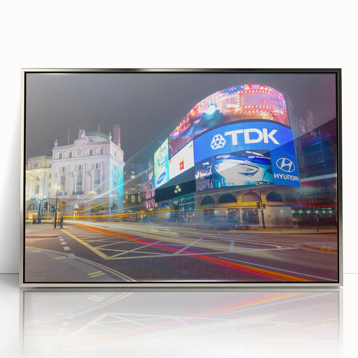 Mid-century modernist art of Piccadilly, England in muted blues and grays on a framed acrylic print.