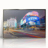 Mid-century modernist art of Piccadilly, England in muted blues and grays on a framed acrylic print.