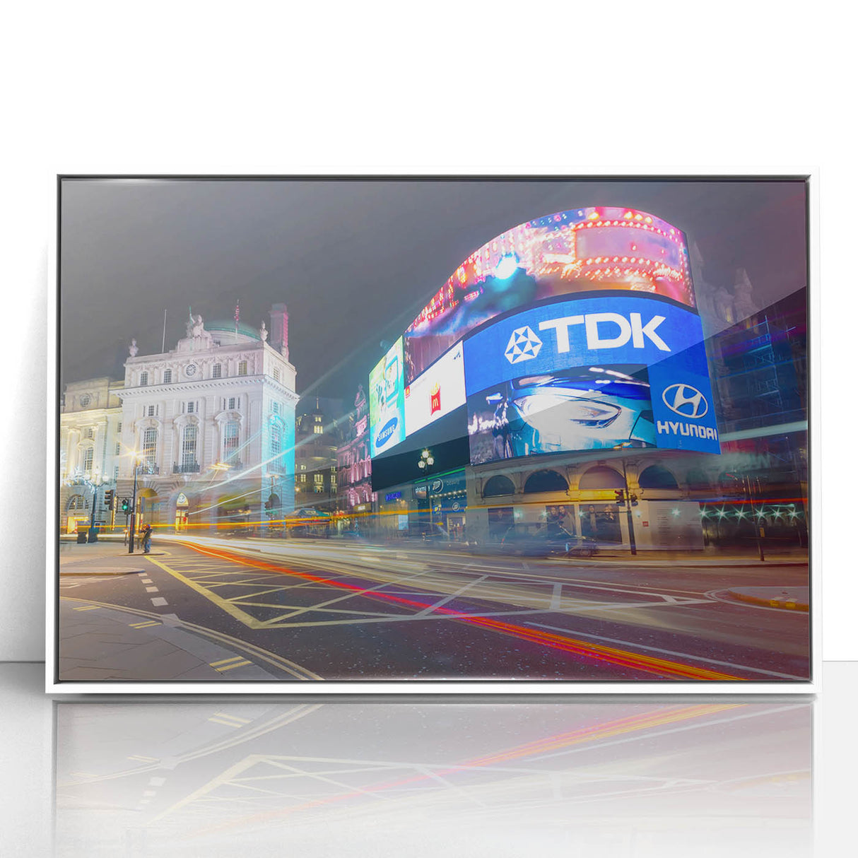 Mid-century modernist art depicting Piccadilly, England in muted colors on a white framed acrylic.