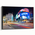 Black and white framed canvas depicting a vintage Piccadilly Circus scene, ideal for bedroom wall art.