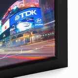 Black wall art featuring a textured depiction of Piccadilly, England in vibrant colors on a framed canvas.