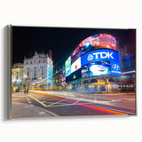 Framed canvas depicting a vintage-style Piccadilly Circus landscape in muted colors.