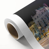 Art deco poster of Piccadilly, London in muted earth tones on rolled canvas, suitable for dining room wall art.