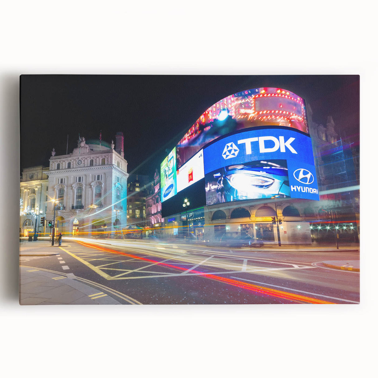 Black and white stretched canvas of the Piccadilly Circus in London, ideal for kitchen wall art.