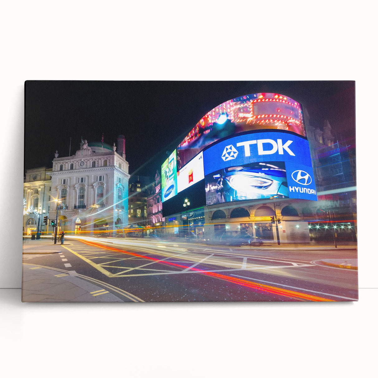 Black and white photograph of Piccadilly Circus on stretched canvas, ideal for kitchen wall art.