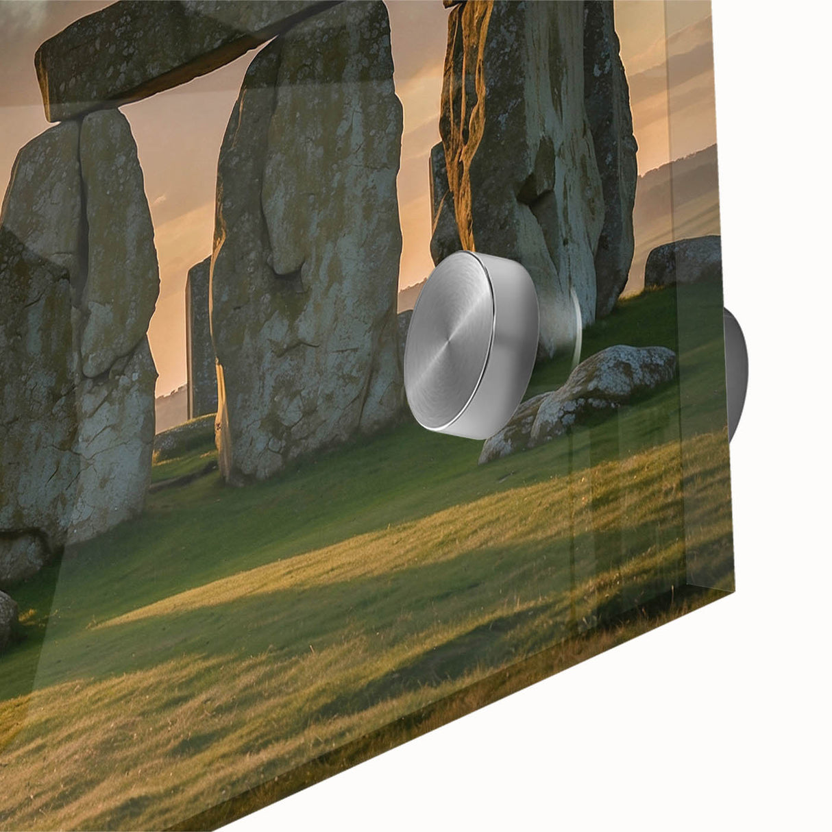 Close-up of Stonehenge in muted earth tones on acrylic glass, ideal for dining room art in a mid-century modernist style.