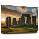 Acrylic print of Stonehenge in muted earth tones, ideal for dining room or bedroom decor.