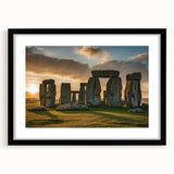 Extra large framed print of an abstract rendition of Stonehenge, featuring vibrant colors and textured details.