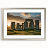 Extra large wall art depicting Stonehenge with textured abstract print, in a silver frame, suited for living room decor.