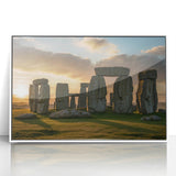 Mid-century modernist art of Stonehenge in muted earth tones on a framed acrylic, suitable for modern art wall decor.