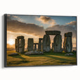 Black and white framed canvas of Stonehenge landscape, vintage poster style, ideal for bedroom wall decor.