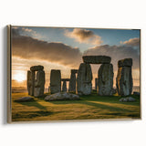 Framed canvas wall art depicting Stonehenge in a vintage poster style with muted earth tones, suitable for bedroom decor.