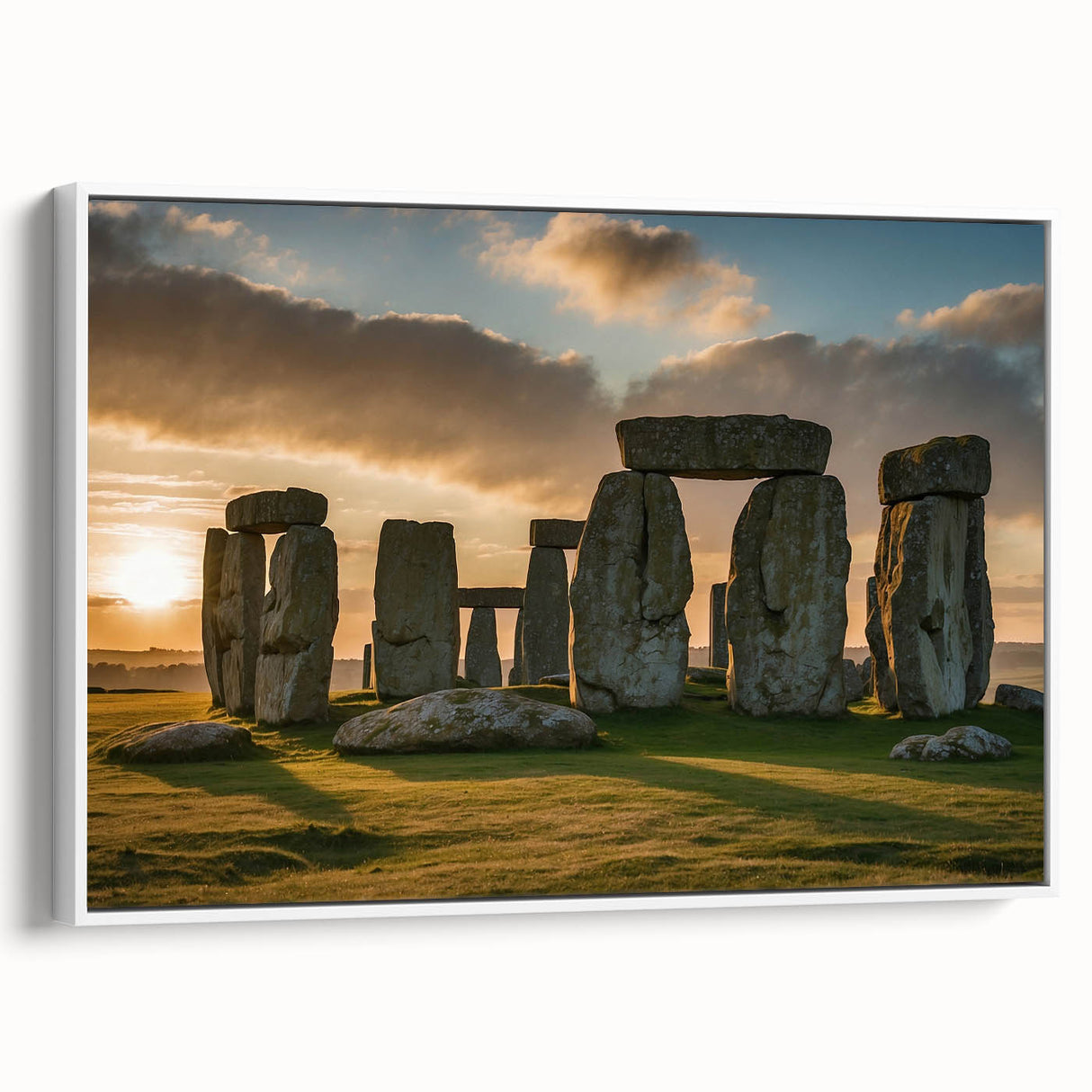 Framed canvas of vintage poster art depicting Stonehenge in muted earth tones, ideal for living room decor.