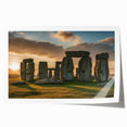 Stonehenge photo in muted earth tones on a rolled canvas, suitable for art wall dining room placement.