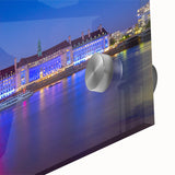 Mid-century modernist style large art print of the Thames River, England, in muted blue and green tones on acrylic glass.