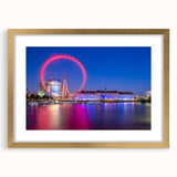 Abstract art print of the Thames River in muted blue and gray tones, framed with a gold mat, suitable for dining room decor.