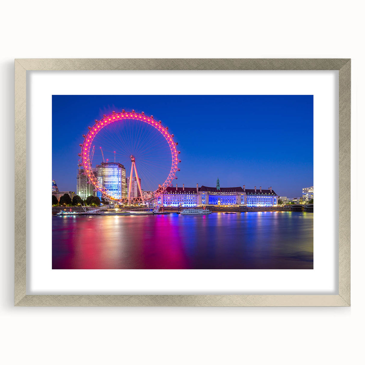 Extra large wall art of abstract Thames River scene in textured gray and blue tones, framed with a silver mat.