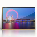 Art deco poster of the Thames River in England, featuring muted blue and gold tones on a framed acrylic.