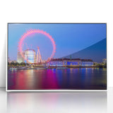 Mid-century modernist art depicting the Thames River, in muted blues and grays, framed acrylic print.