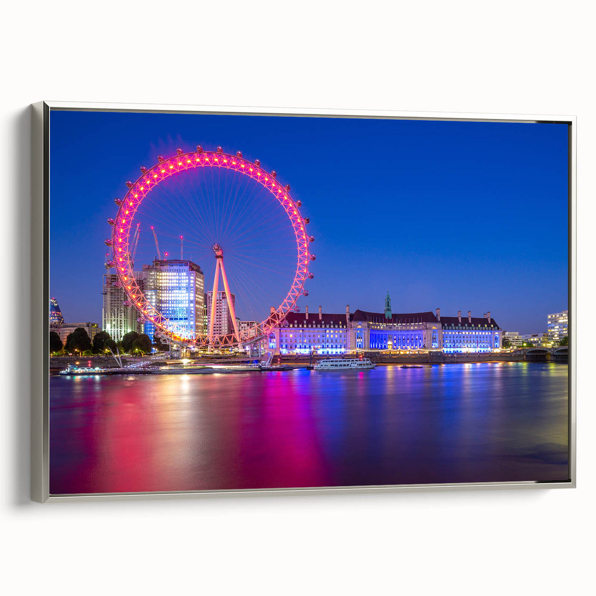 Framed canvas featuring a vintage-style landscape painting of the Thames River, with muted colors ideal for office decor.