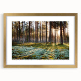 Abstract art print depicting a European landscape in muted green and blue tones on a framed canvas.