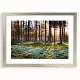 Extra large abstract art print depicting a textured European scenery in muted earth tones, framed in silver.