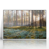 Mid-century modernist art depicting a serene Estonian landscape on a white framed acrylic, with muted earth tones.