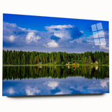 Large abstract wall art of a serene Finnish landscape in muted blues and greens on acrylic glass.
