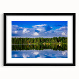 Extra large abstract art print of a colorful, textured Finnish landscape on a black-framed canvas.