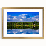 Abstract art print depicting a serene Finnish landscape in muted earth tones, framed in gold, ideal for dining room decor.