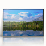 Framed acrylic print of a serene Finnish landscape in cool blue and green tones, suitable for modern art wall decor.