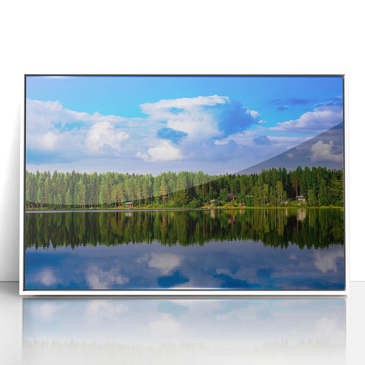 Mid-century modernist art depicting a serene Finnish landscape, in muted earth tones on a framed acrylic.